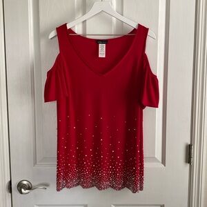 S. Levine Womens Red V-Neck Cold Shoulder Knit Top w/ Beaded Details Size XL